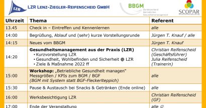 13.09.2022 (14:00 – 17:00 Uhr) Hybrid-Event des BBGM e.V.: Regionaltreffen bei LZR Lenz-Ziegler-Reifenscheid GmbH in Kitzingen
